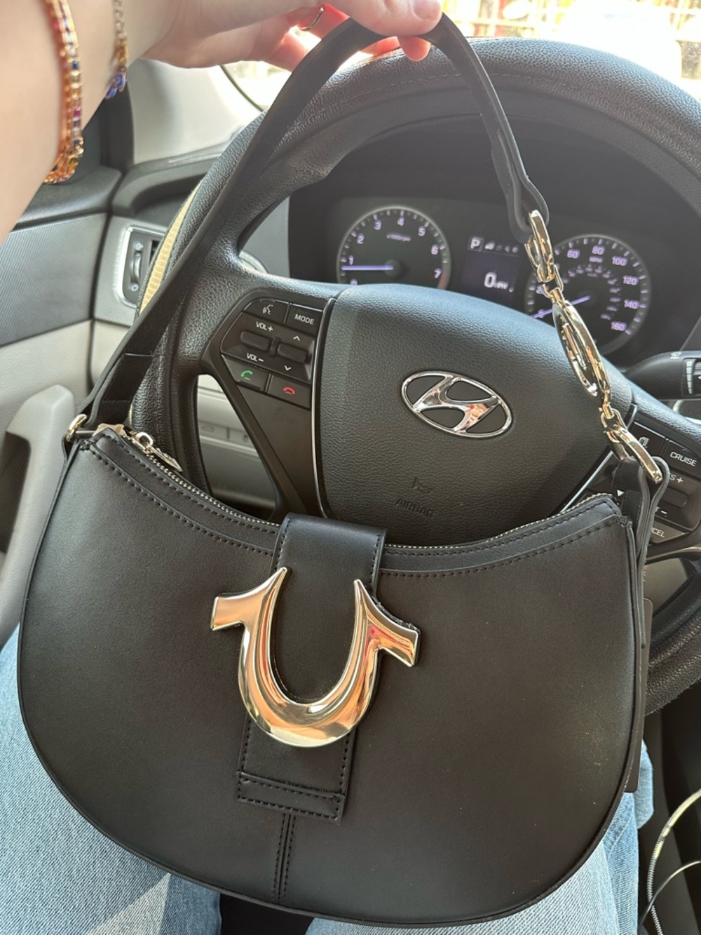 True Religion Black Shoulder Bag with Gold Hardware